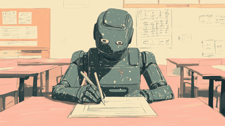 a robot answering an exam in a classroom