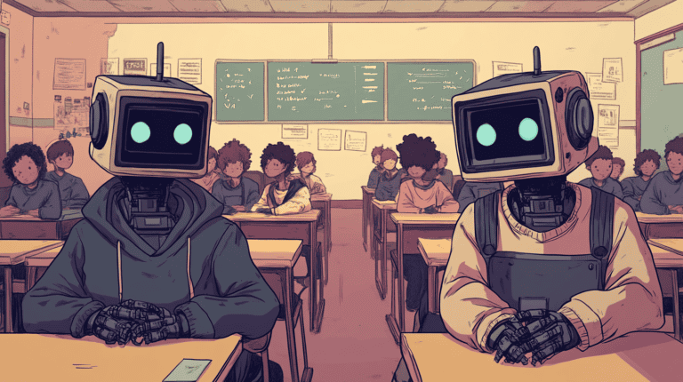Robot pretending to be students, generated with Midjourney