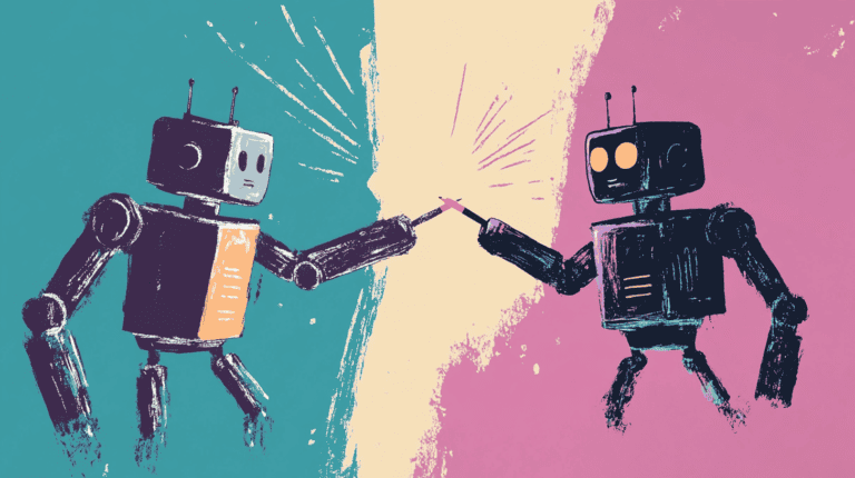 Two AI robots taking aim at each other using pens, generated with Midjourney