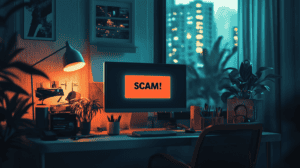 A scam alert, generated with Midjourney