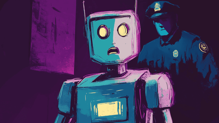 A policemen finally catches an AI robot, generated with Midjourney