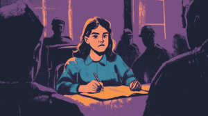A student getting interrogated by policemen, generated with Midjourney