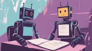 Two AI robots proofreading an essay, generated with Midjourney