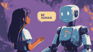 A student asking their AI assistant to be more human, generated with Midjourney