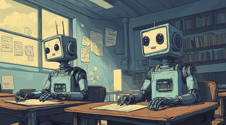 Two AI robots writing an essay, generated with Midjourney