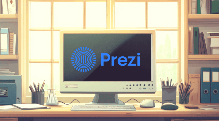 A monitor showcasing Prezi, generated with Midjourney