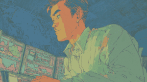 Man typing on his computer, generated with Midjourney