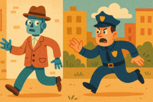 A police detective chasing a robot pretending to be human, generated with GPT-4o