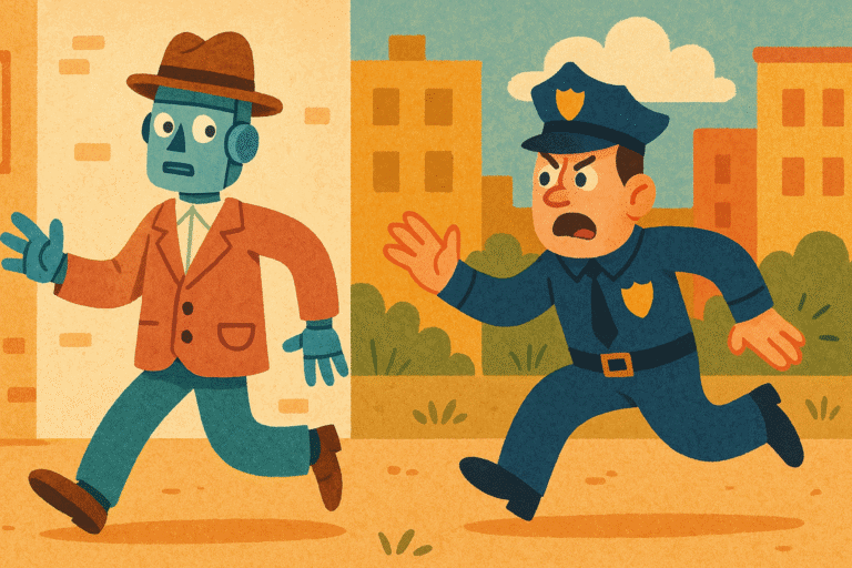A police detective chasing a robot pretending to be human, generated with GPT-4o