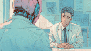 An AI on a job interview, generated with Midjourney