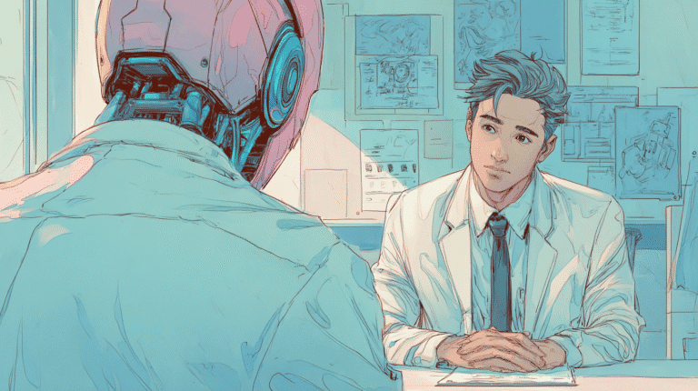 An AI on a job interview, generated with Midjourney