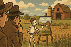 Two detectives watching an AI paint, generated by ChatGPT