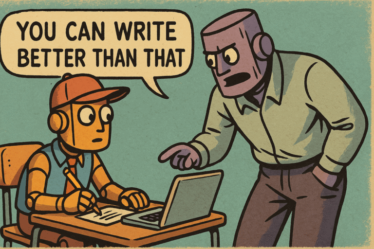 An AI teacher telling his student to write better, generated with ChatGPT