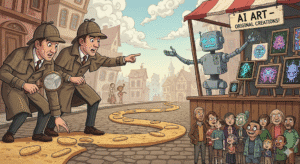 Two detectives catching an illegal AI art exhibit, generated by Gemini