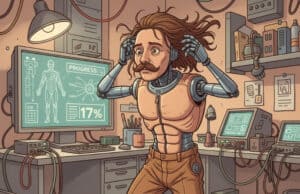 A robot putting on his human disguise, generated by Gemini