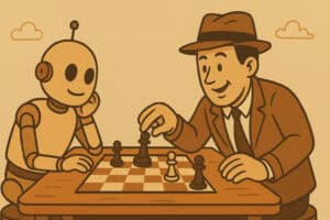 A detective and a robot in a game of chess, generated with GPT