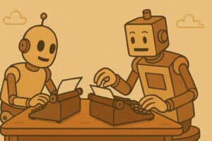 Two robots using a typewriter, generated with GPT