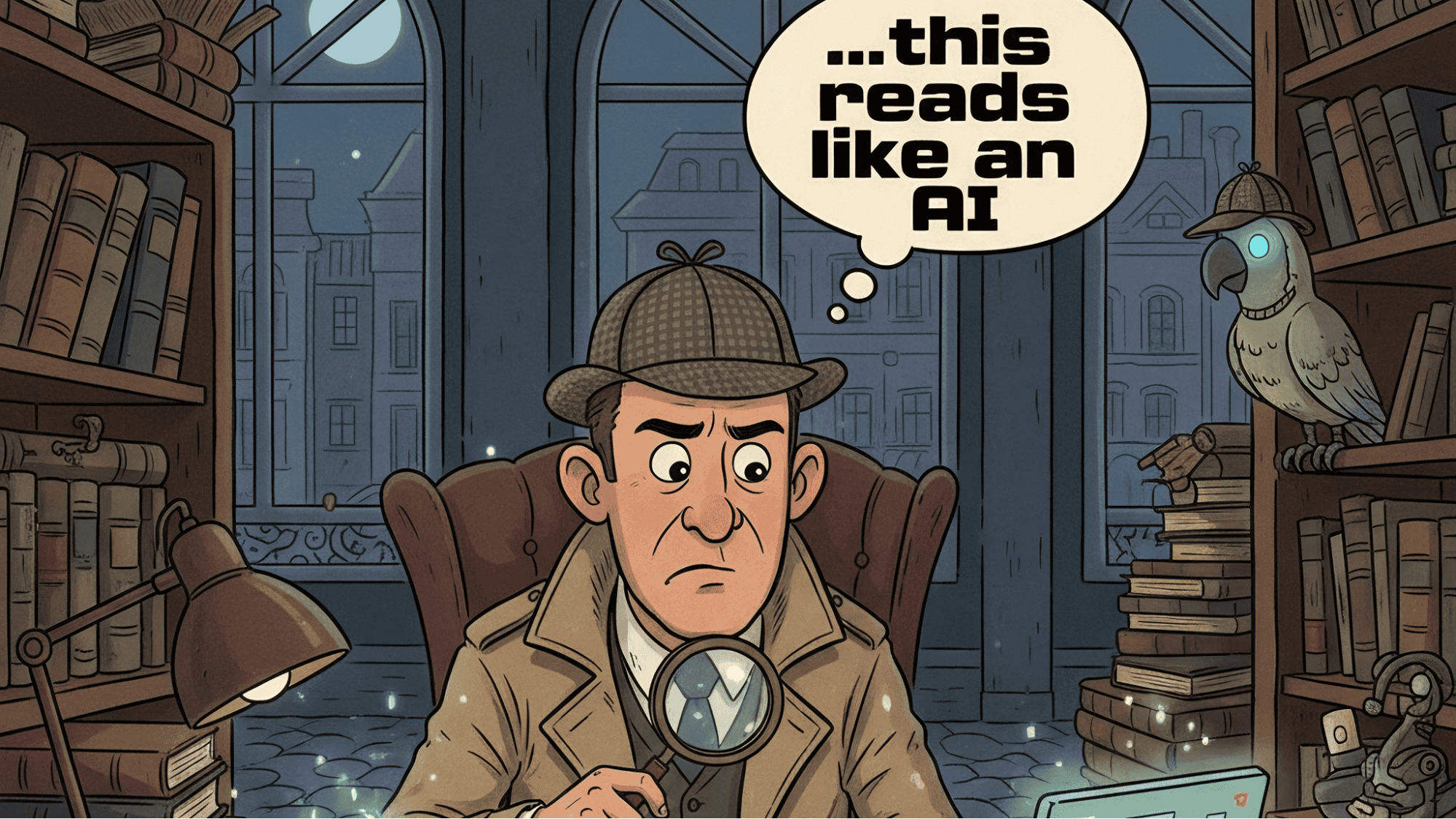A detective reads AI-generated articles, generated with ChatGPT