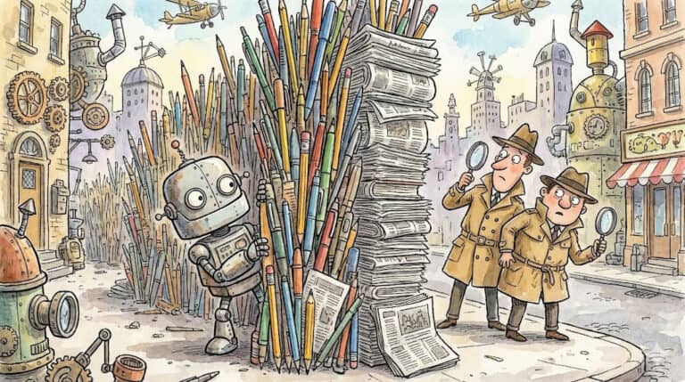 A robot hiding from detectives behind pens and papers, generated with Gemini