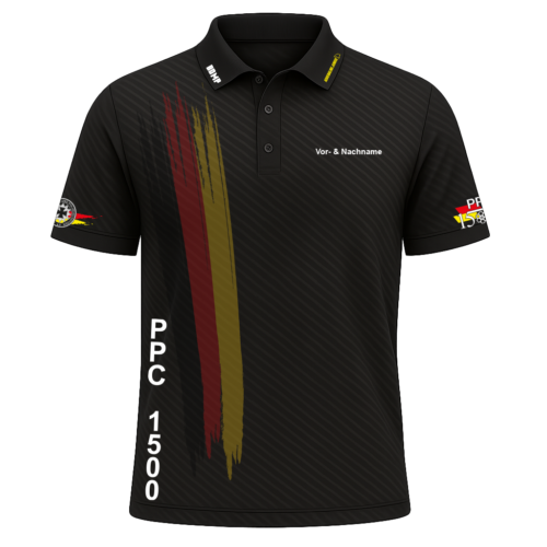 Dunkelgraues Trikot mit roten, gelben Streifen und PPC 1500 Logo.