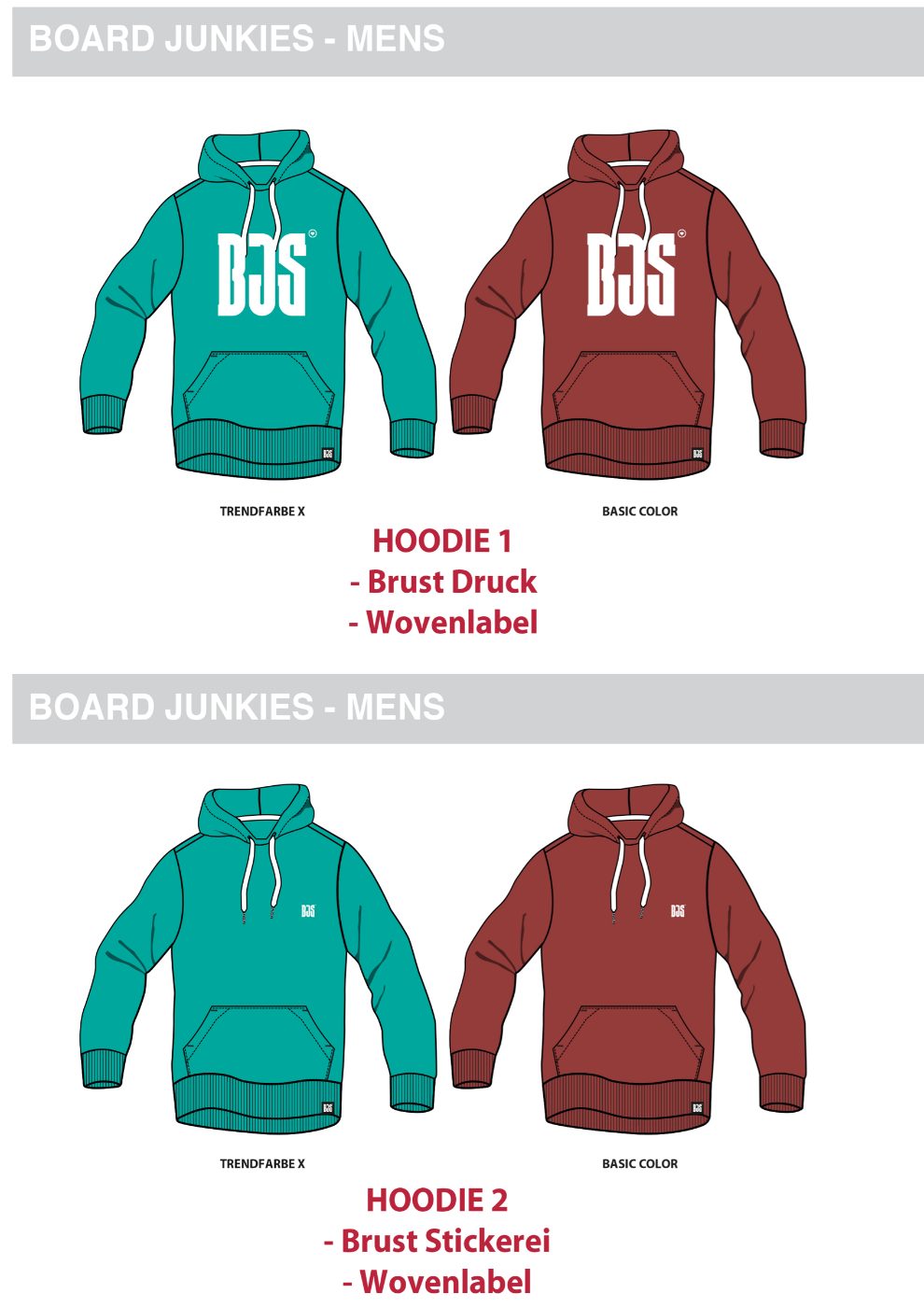Kollektionsübersicht Hoodies in Trendfarbe und Basic