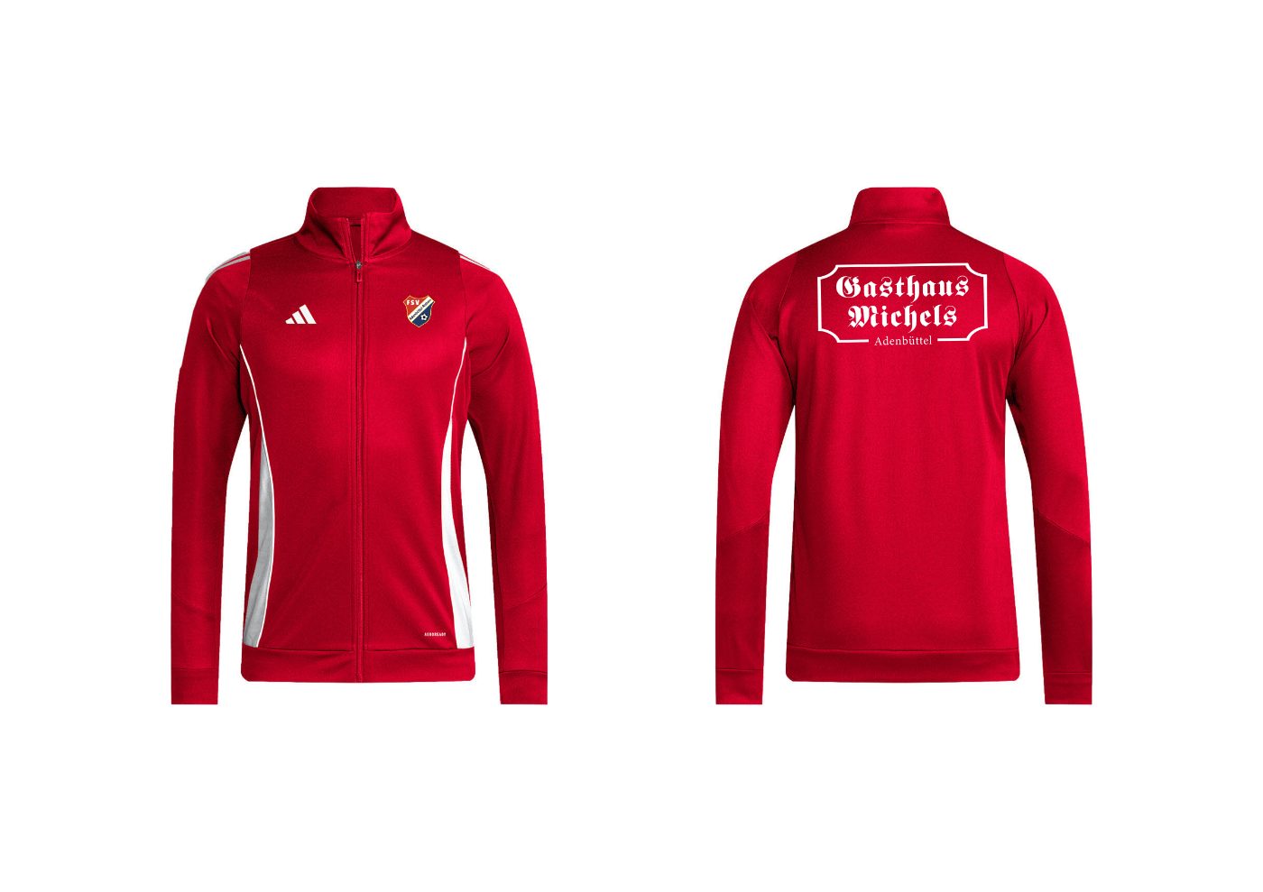 Mockup der roten Trainingsjacke mit Wappen und Sponsor Gasthaus Michels