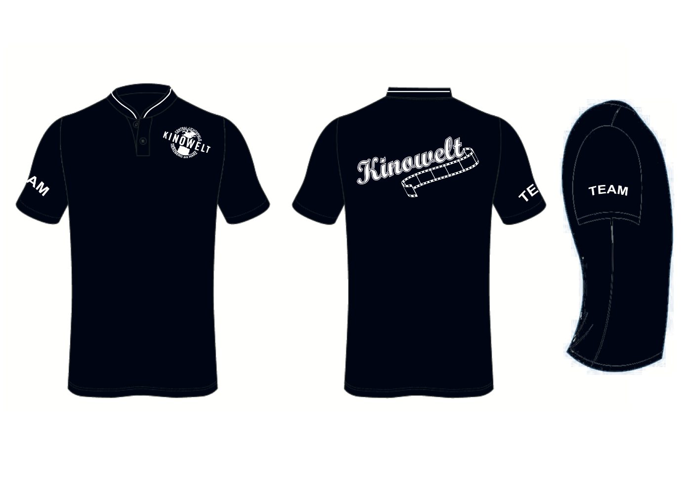 Team-Poloshirt der Kinowelt in drei Ansichten