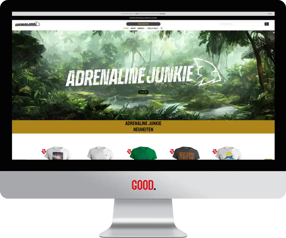 Adrenaline Junkie Shop — Projekt der GOOD GmbH, gezeigt auf einem iMac