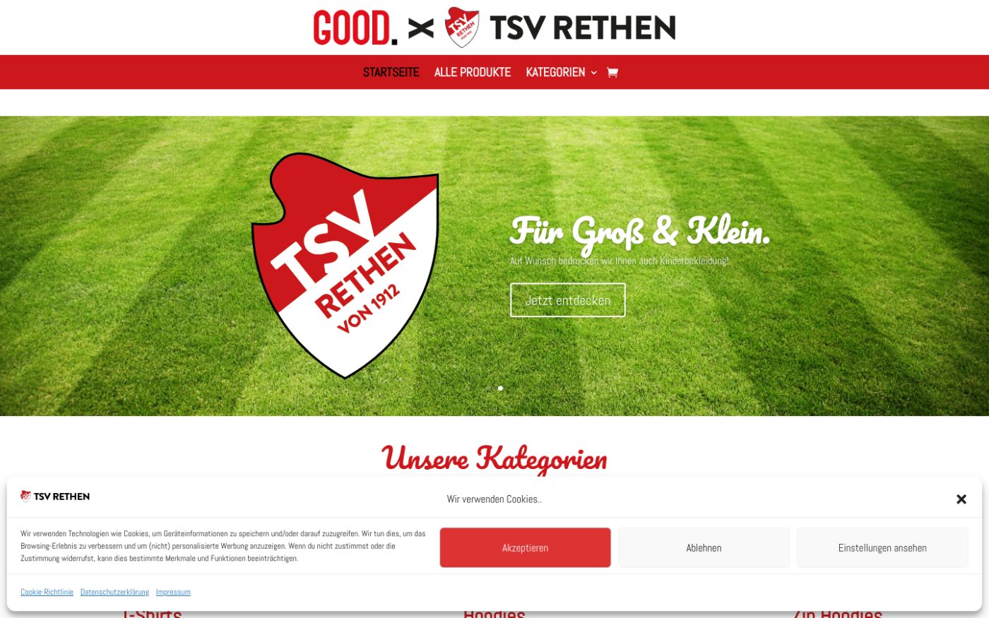 Startseite des TSV Rethen Onlineshops