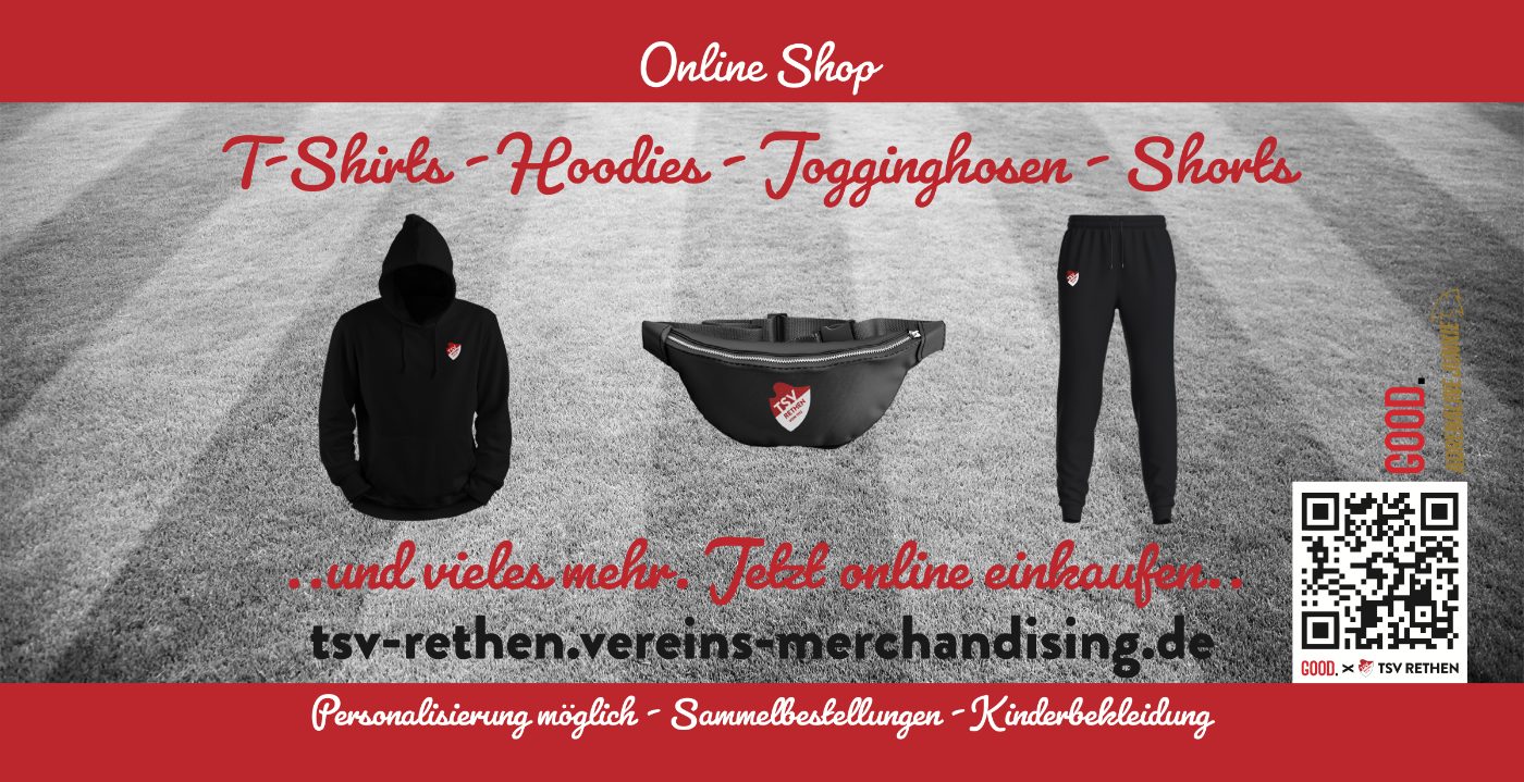 Rückseite des Merch-Flyers mit Produkten und QR-Code