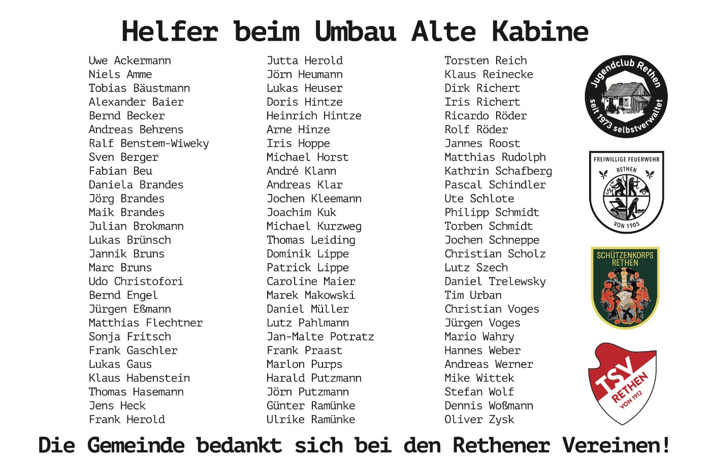 Dankes-Tafel für die Helfer beim Umbau der Alten Kabine mit Vereinslogos