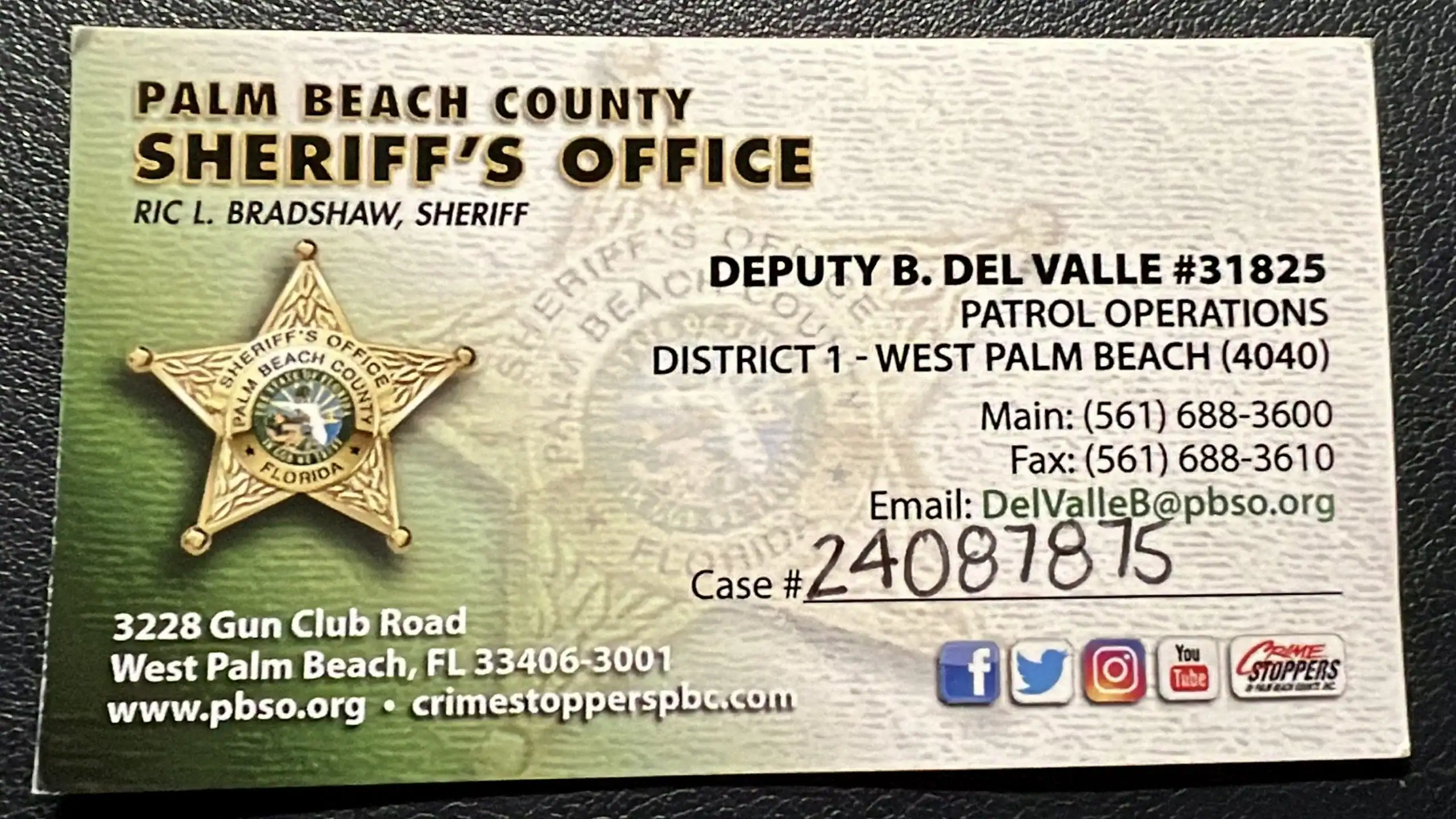 PBSO Deputy B Del Valle Business Card With CAD# for Families First of Palm Beach Audit GCNN Good Citizen News Network goodcitizennewsnetwork.com News That's Not Fake