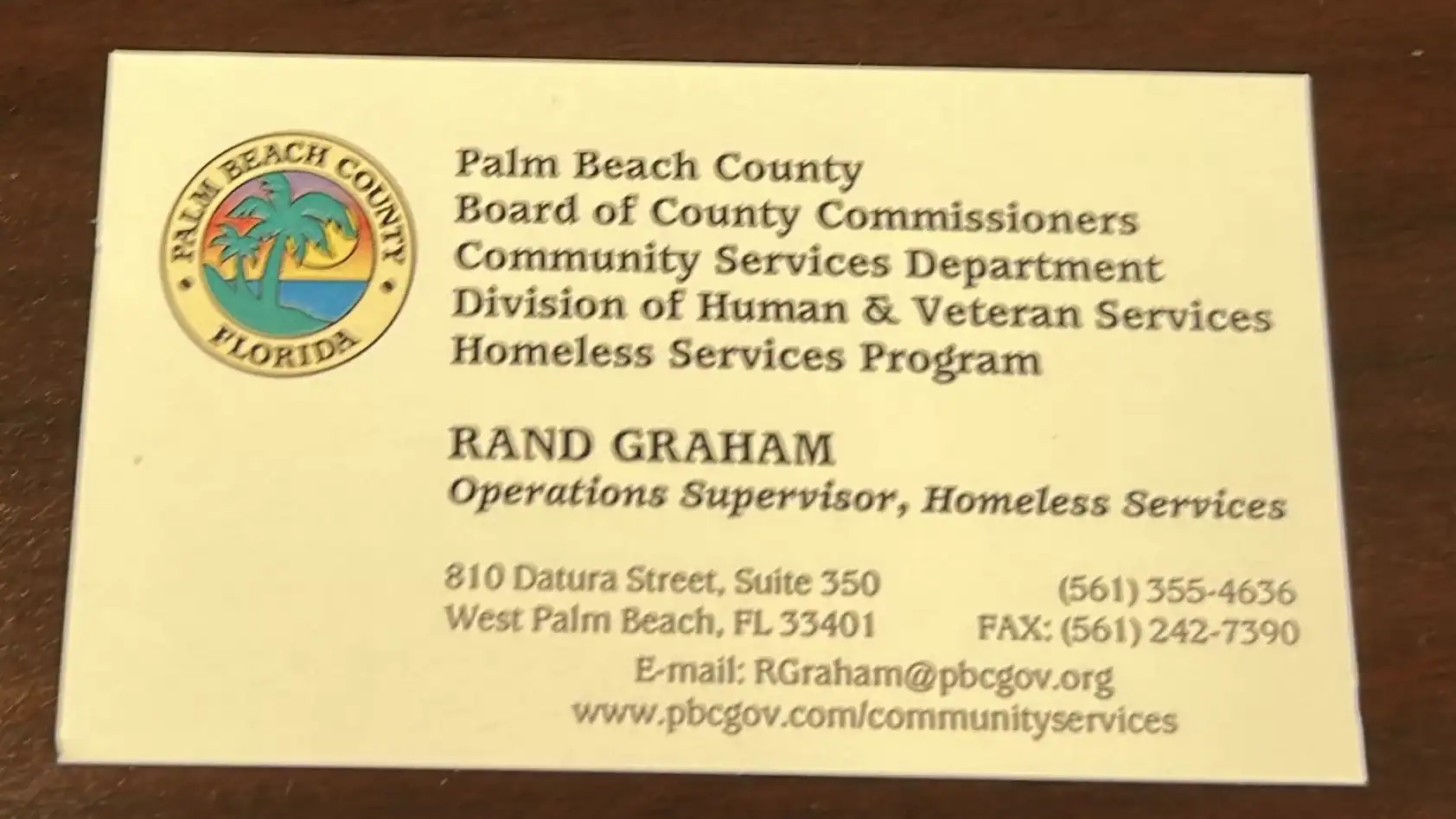 Business card of Randall Graham of Palm Beach County Community Services Department GCNN Good Citizen News Network goodcitizennewsnetwork.com News That's Not Fake