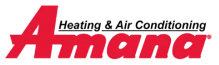 Amana logo features the brand name in bold red letters with "Heating & Air Conditioning" in smaller black text above.