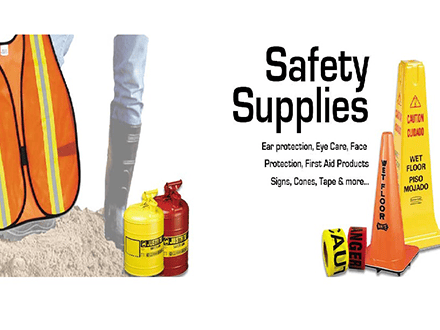 Safety supplies including ear protection, eye care, and caution signs for oilfield safety.