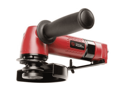 Red cordless angle grinder with black handle and cutting disc for metalwork.