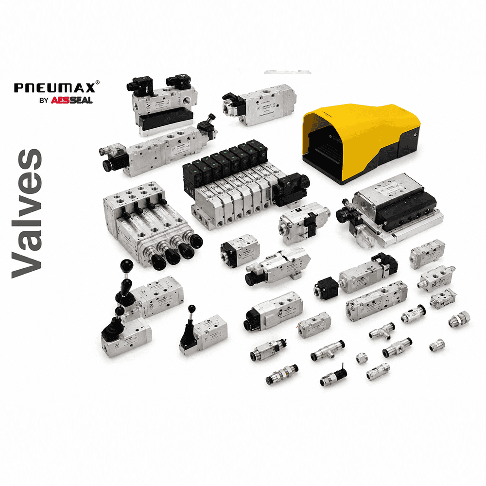 Collection of Pneumax industrial valves and pneumatic components for automation.