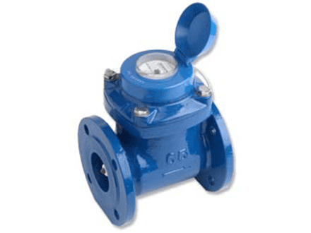 Blue water meter with open lid showing dial and reading.