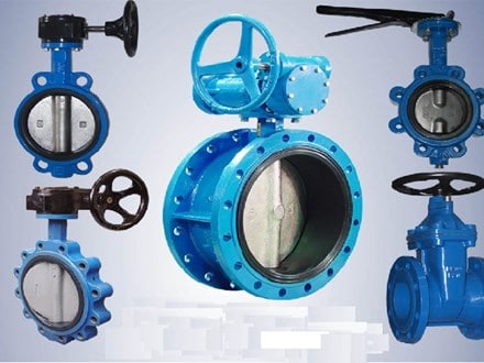 Various blue industrial butterfly valves for oilfield applications.