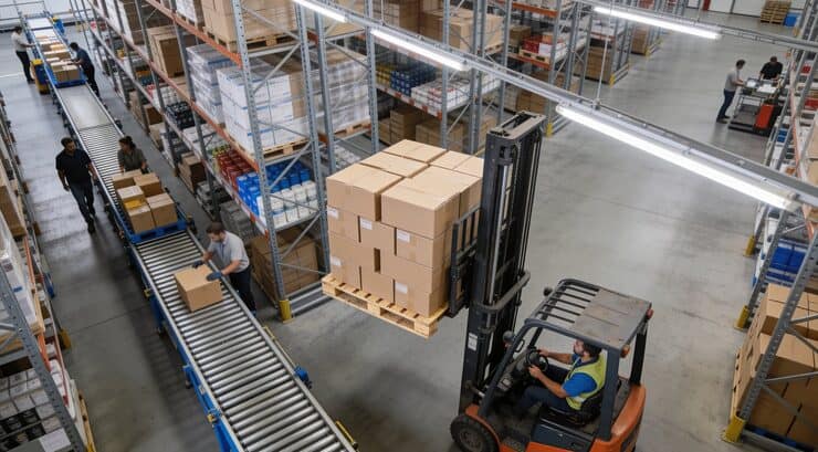 Forklift lifting pallets in a warehouse with shelves and workers.