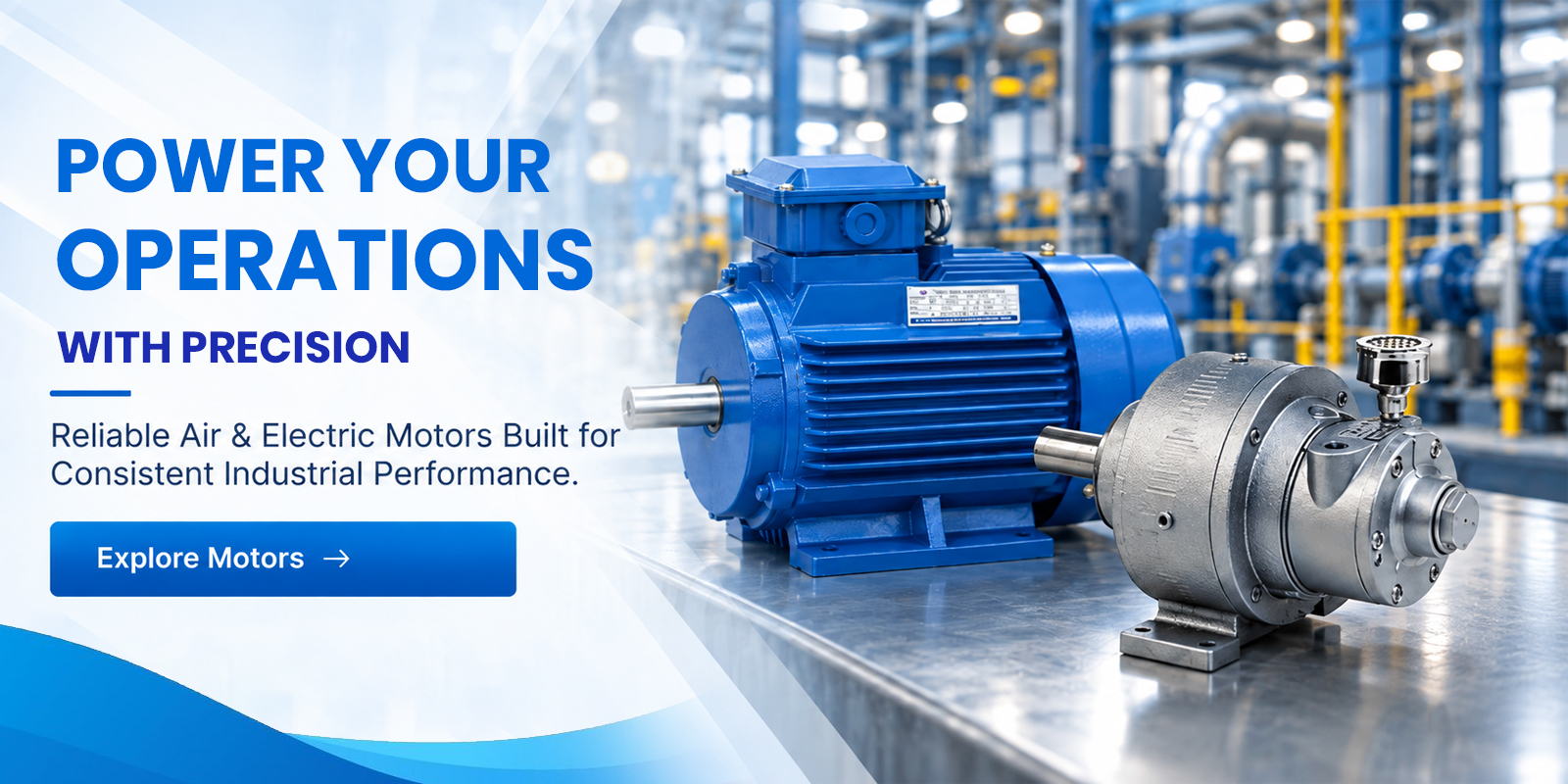 Industrial electric motor and pump in a manufacturing plant setting.