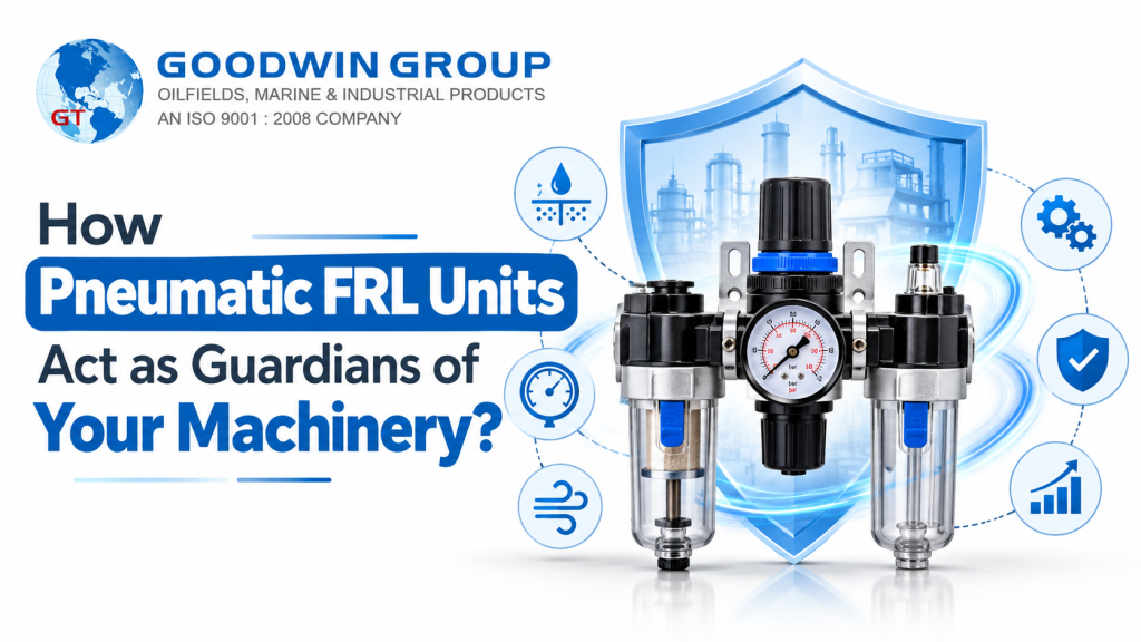 Pneumatic FRL units protecting industrial machinery with shielded setup.