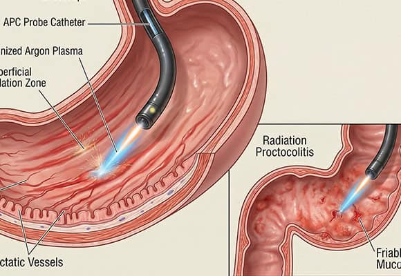 Endoscopic procedure for gastric treatment with labeled components and tools.