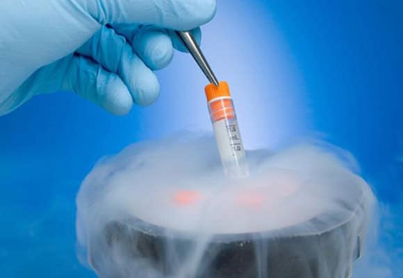 Fertility testing with a test tube and liquid nitrogen in a laboratory setting.