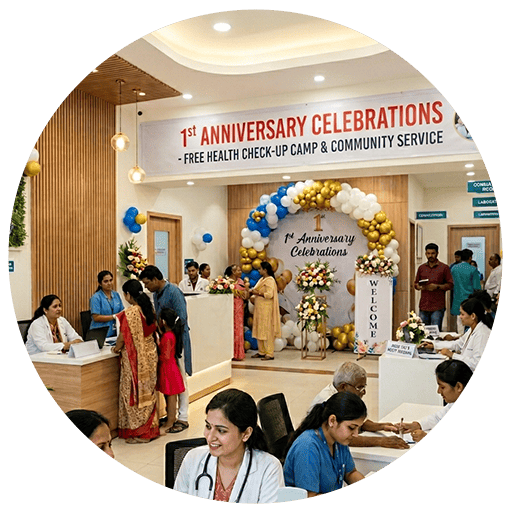 Celebrating the first anniversary at Grover Gastro and Fertility Centre with staff and guests.