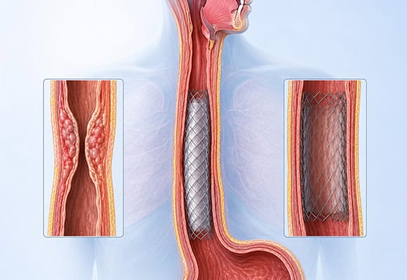 Medical illustration of esophageal stent placement for treatment.