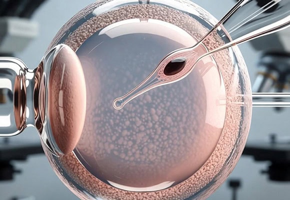 Fertility treatment process in a laboratory setting with a microscope and embryo.
