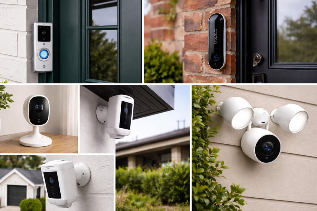 A collage of Nest and Ring security cameras and devices