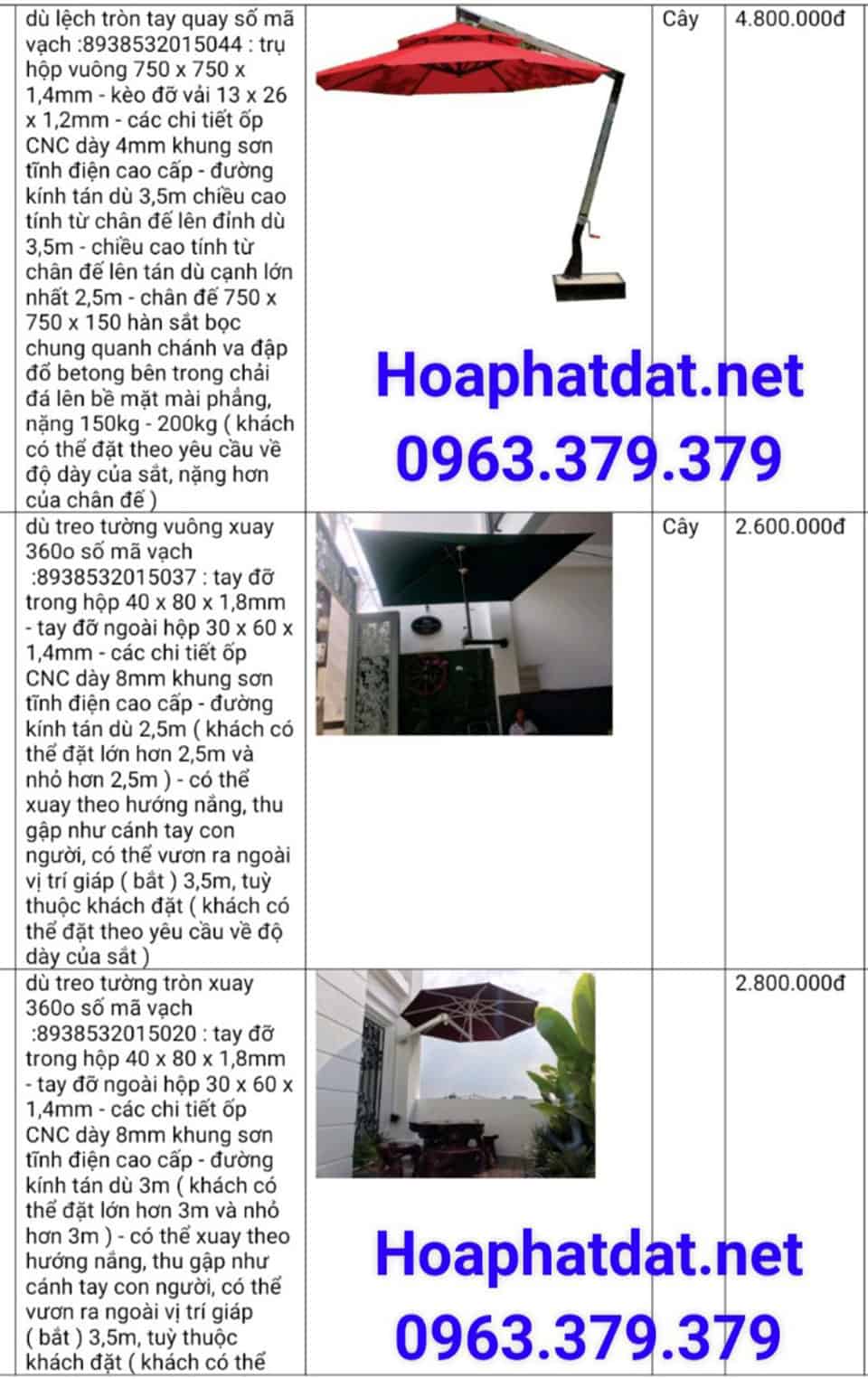Bảng giá sỉ lẻ dù che nắng Bảng Giá Bán Dù Che Nắng Ngoài Trời Tổng Hợp