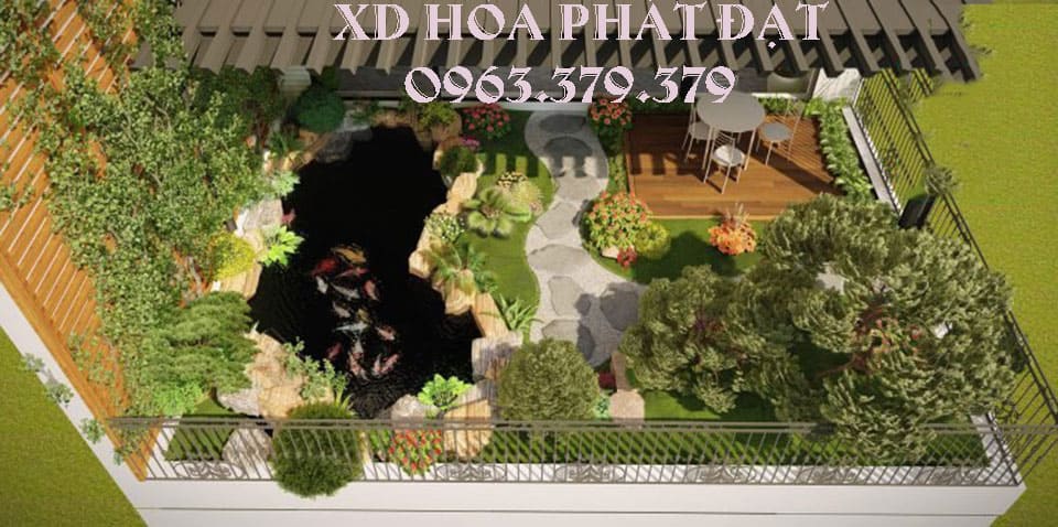 Mẫu phối cảnh tiểu cảnh ngoài trời ao cá sinh động Mẫu phối cảnh tiểu cảnh sân nhà ao cá
